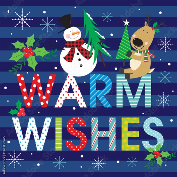 Fototapeta Christmas card with snowman, reindeer and snowman