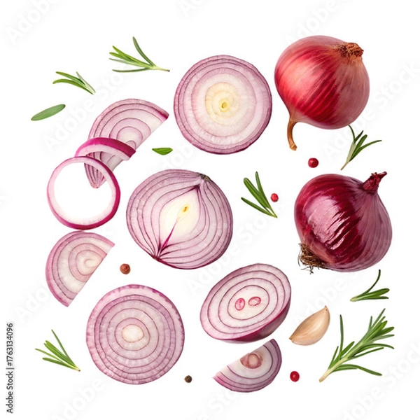 Obraz Fresh Red Onion Slices, Whole Onions, Rosemary & Garlic. Culinary Ingredients on White Background. on transparent background