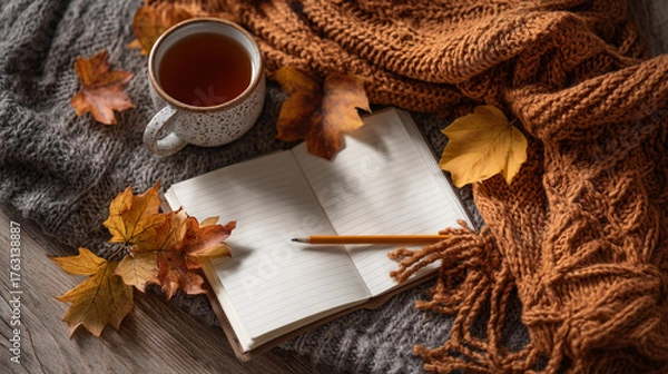 Fototapeta Still life of tea cup open notebook pencil and autumn leaves on knitted blankets