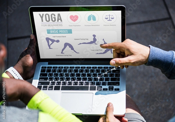 Obraz Yoga Poses Guide Laptop Mockup PSD