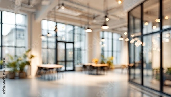 Fototapeta Blurry indoor office space with large windows