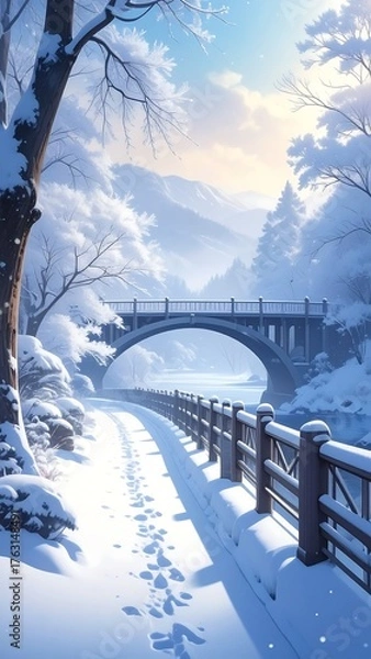 Obraz Snowy path, bridge, mountains