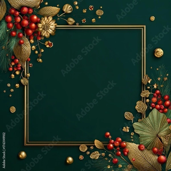 Fototapeta Decorative frame with gold and red holiday elements