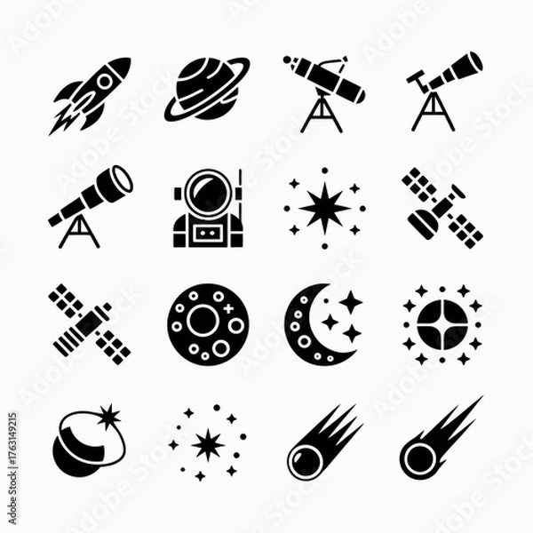 Fototapeta Solid black space and astronomy icon set on white background.