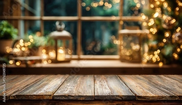 Fototapeta Rustic wooden table in front of a winter window display