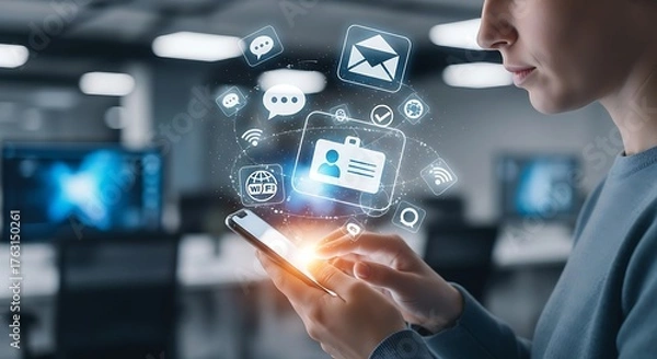 Fototapeta Person using a smartphone with a glowing network of digital communication icons
