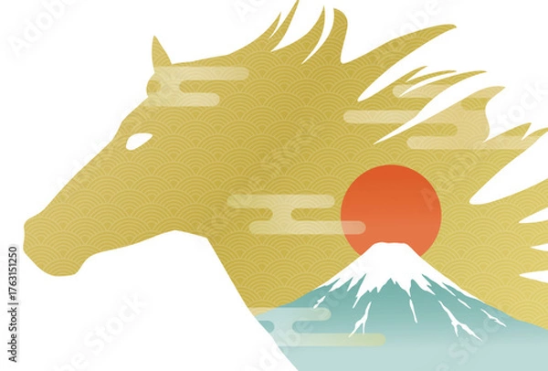 Obraz 午年の年賀状テンプレート　馬と富士山と日の出