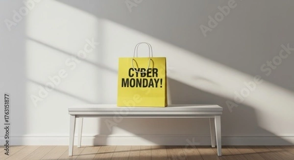 Fototapeta cyber monday shopping bag on white bench casts shadows on minimal wall. bright yellow bag with bold text highlights online shopping sales event. ideal for retail promotions.
