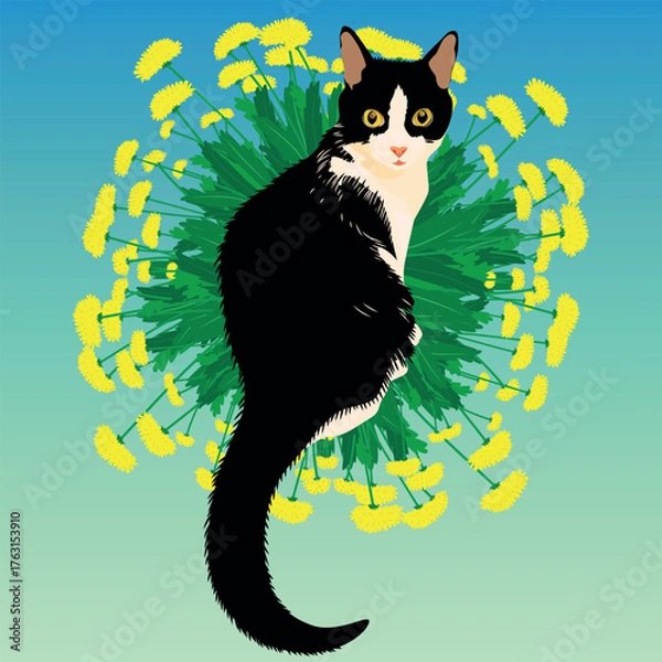 Obraz Black and white cat with flowers. Domestic cat. Vector illustration.