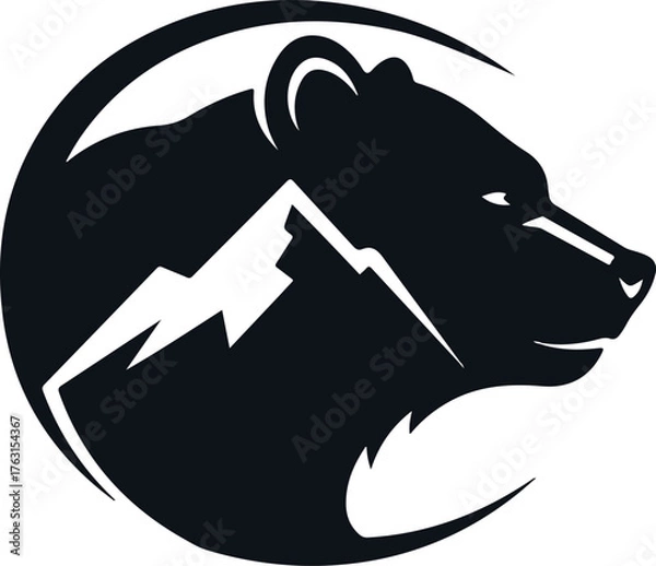 Obraz  a bear head silhouette with mountain range inside, symbolizing wilderness and adventure, represents nature, wildlife, and outdoor exploration