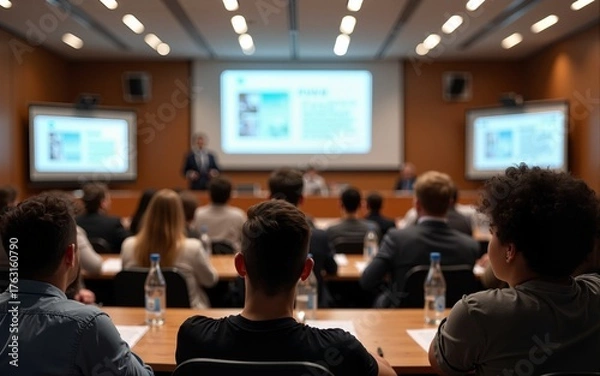 Fototapeta Conference and Presentation. Audience at the conference hall. Business and Entrepreneurship. Faculty lecture and workshop. Audience in the lecture hall. Academic education. Participants making notes.