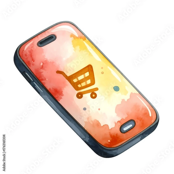 Fototapeta A digital smartphone device displays a shopping cart on its screen, watercolor style.