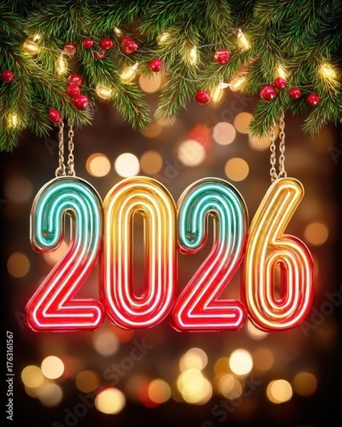 Obraz Colorful 2026 neon numbers adorned with festive lights and greenery, symbolizing celebration and the arrival of the new year.