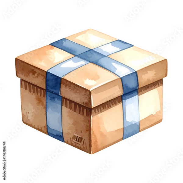 Fototapeta Isolated watercolor present wrapped with blue ribbon, festive and visually appealing gift box