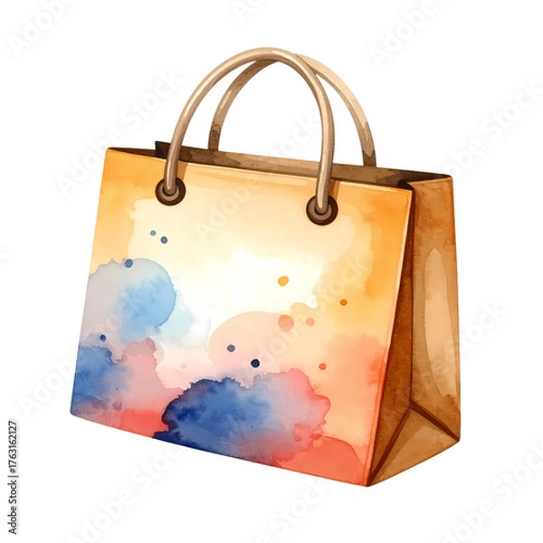 Fototapeta Watercolor shopping bag with abstract blue and orange colors blending softly together.