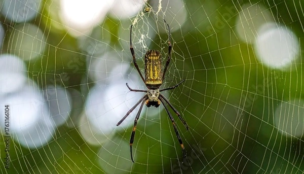 Obraz Spider in intricate web, jungle backdrop