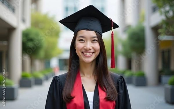 Obraz Young happy Asian woman university graduate in graduation gown and cap in the college campus. Education stock photo. High quality