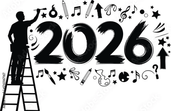 Obraz Creative 2026 new year celebration with artist painting wall, a symbol of artistic expression and new beginnings