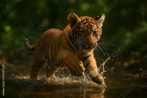 Fototapeta Playful tiger cub splashing in water, wildlife nature photography