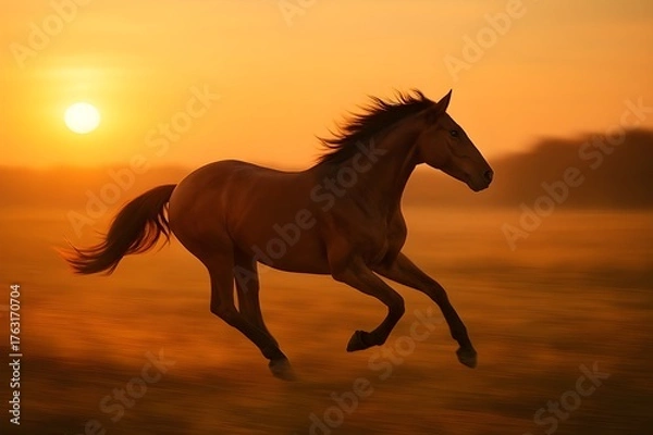 Fototapeta Wild horse running through desert at sunset, freedom and power concept