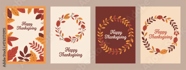 Fototapeta Autumn Thanksgiving Greeting Card Vector Set,  Collection of warm-toned leaves and berries designs for Thanksgiving cards, invitations, posters, flyers, social media graphics, banners, 
