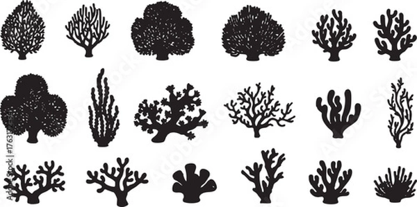 Fototapeta Set of 15 Black Coral and Seaweed Silhouettes