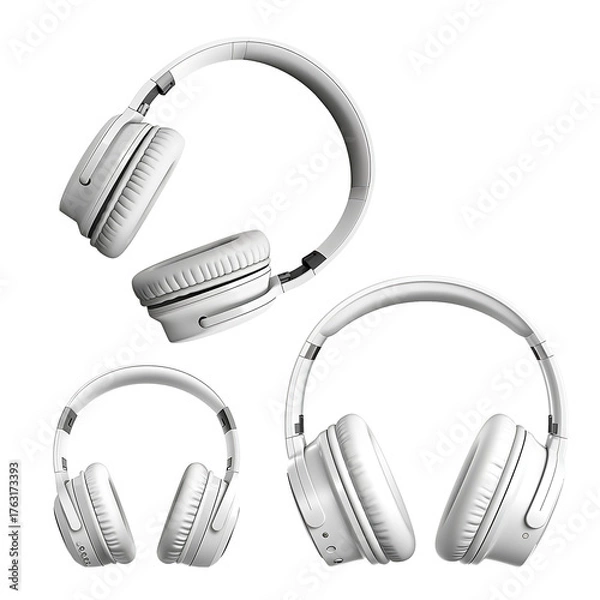 Fototapeta Three white headphones arranged on a transparent background isolated on transparent background