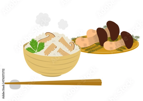 Fototapeta 茶碗に盛られた松茸ご飯と籠に盛られた松茸のイラスト
