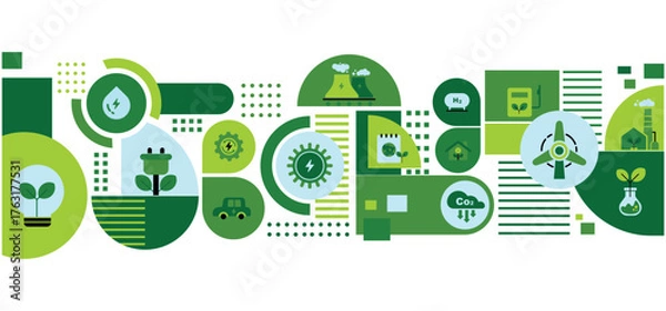 Obraz Renewable energy, green energy concept with icons for web banner background vector. Ecology, sustainable environment development and clean industrial factory, electricity, renewable energy sources.