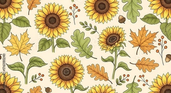 Obraz Autumnal Abundance - Sunflowers and Fall Foliage Pattern.