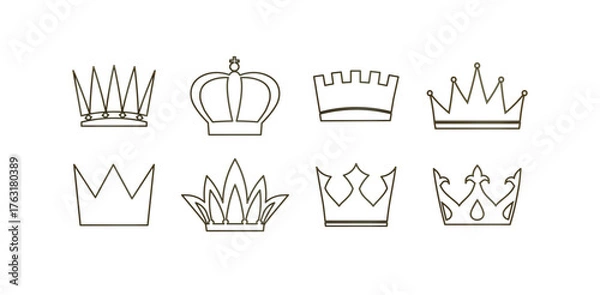 Obraz Collection of crown silhouette icons with royal luxury and elegant head wear design. Doodle king queen crown. Hand drawn logo set. Vector kingdom sketch concept, vector illustration.