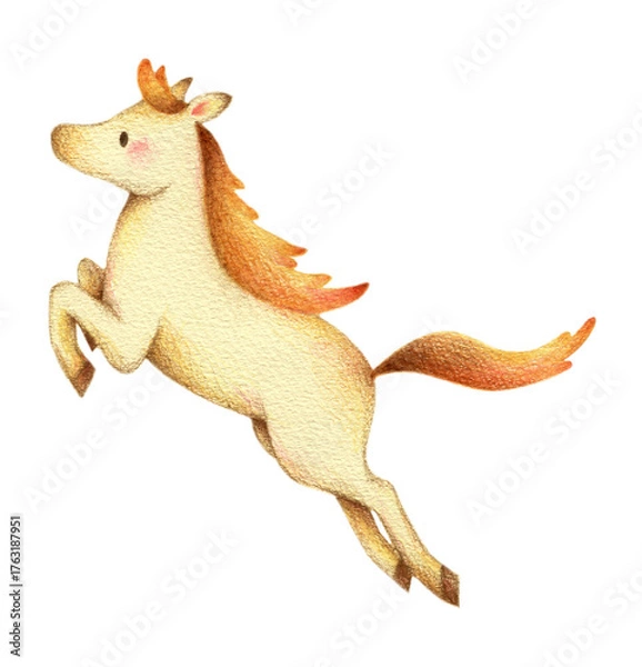 Fototapeta 飛び跳ねる白馬　手描き色鉛筆画