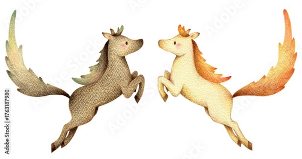 Fototapeta 飛び跳ねるしっぽの長い白馬と黒馬　手描き色鉛筆画