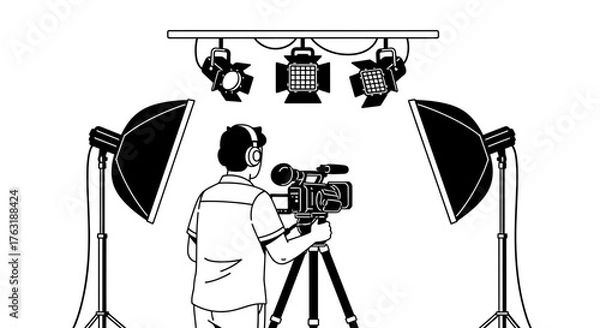 Fototapeta Cameraman filming with video camera and lighting equipment isolated on white background