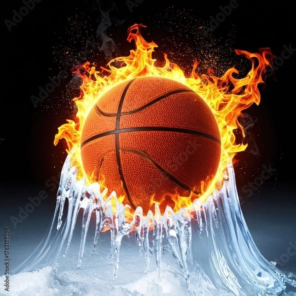 Fototapeta Flaming basketball, ice water below