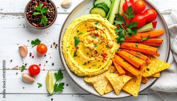 Fototapeta Hummus with raw veggies, top-down view
