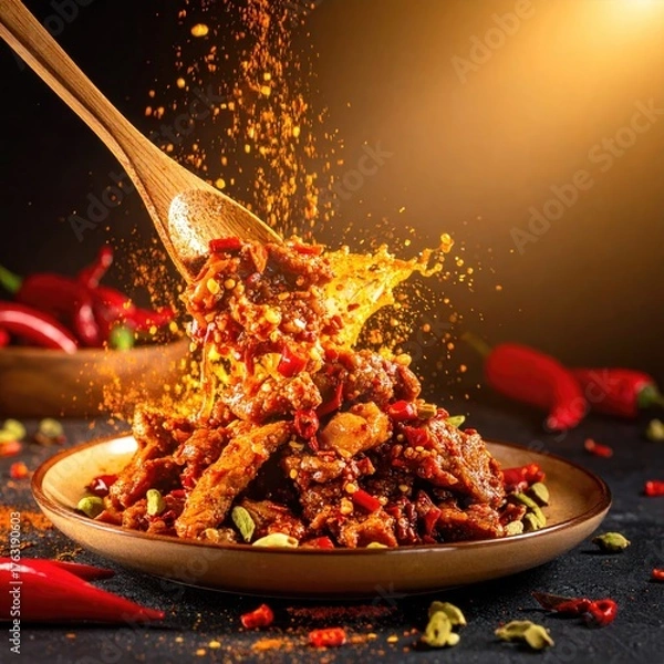 Fototapeta Spiced meat dish with chili flakes