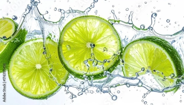 Fototapeta Lime slices splash in clear liquid