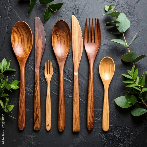 Fototapeta Wooden utensils on a textured surface