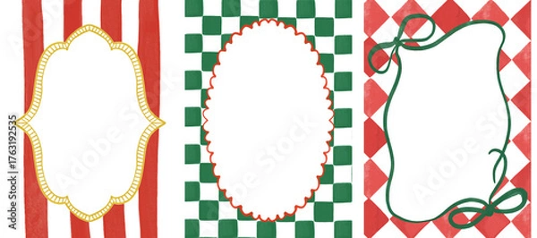 Fototapeta Set of three hand drawn watercolor background template with frames for festive invites, cards, posters. Red, green borders for christmas decor. 