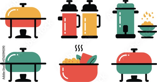 Obraz Colorful collection of food service equipment and serving dishes for catering.