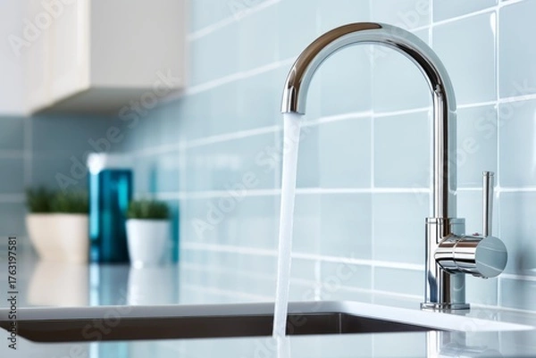 Fototapeta Stream of fresh water running from a stylish chrome faucet in a modern, clean kitchen, showcasing contemporary design and functionality