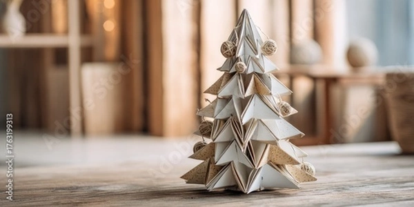 Fototapeta Minimalist Christmas tree made from recycled cardboard and natural fibers