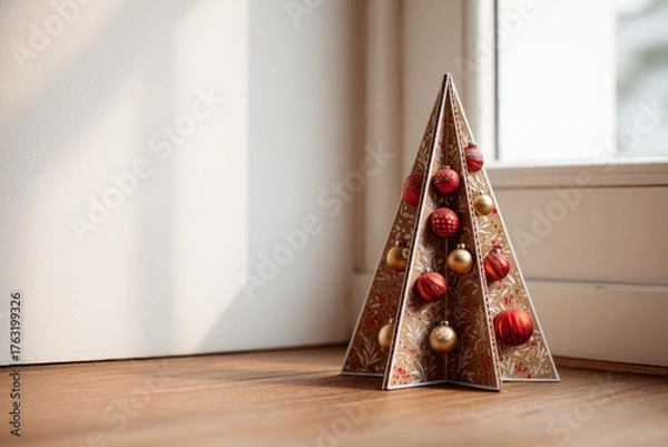 Fototapeta Eco cardboard Christmas tree with red and gold ornaments in sunlight
