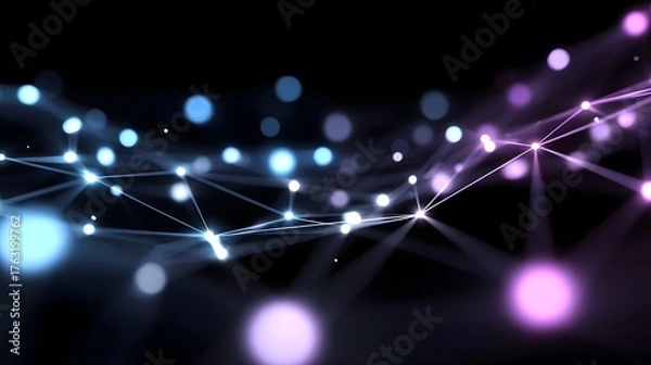 Fototapeta Abstract futuristic network of glowing nodes and connections with blue and purple gradient lights