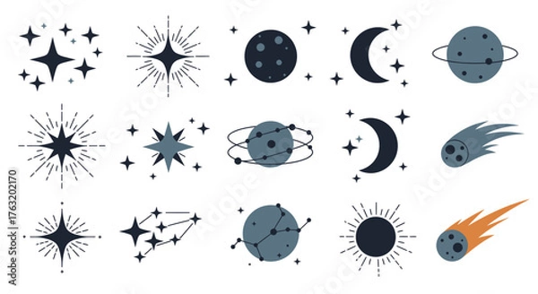 Fototapeta Cosmic celestial collection diverse space elements stars planets moons comets nebulas galaxies abstract celestial bodies for creative design isolated on white background