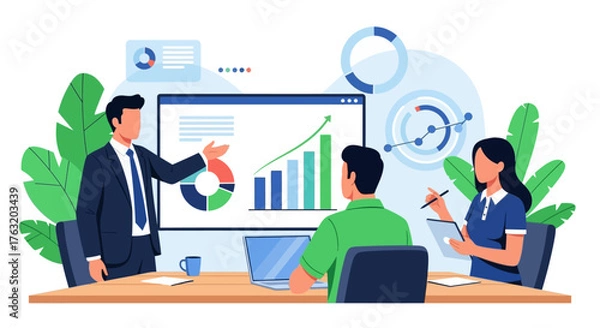 Fototapeta Business team analyzing growth chart presentation meeting strategy financial data and investment opportunity discussion isolated on white background