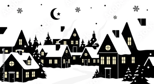 Fototapeta Charming black and white silhouette village scene under a crescent moon and falling snowflakes invites a cozy winter ambiance isolated on white background