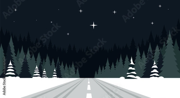 Fototapeta Winter night road journey through snowy forest under starry sky with distant lights evoking serene atmosphere and adventure isolated on white background