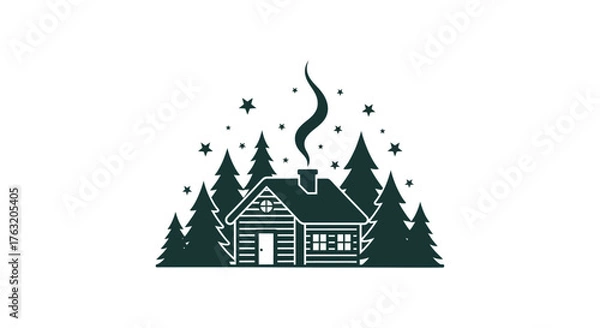 Fototapeta Cozy log cabin in snowy forest with smoke rising from chimney represents winter serenity and rustic mountain retreat isolated on white background